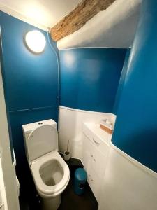 Baño pequeño con aseo y pared azul en Charming 3F apartment in Paris' heart (61 sqm) en París