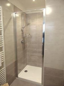 eine Dusche mit Glastür im Bad in der Unterkunft Appartamenti Benvenuti in Padola