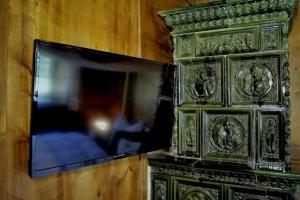 TV en una pared con pared de madera en Widum Obernberg Nikolaus Bergsuite, en Obernberg am Brenner