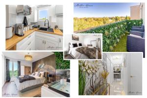 un collage de fotos de una cocina y un dormitorio en Gout de luxe à Narbonne T3 Climatisé, Spa, Parking en Narbonne