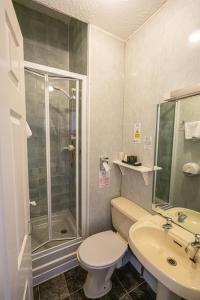 a bathroom with a shower and a toilet and a sink at Can-Y-Bae Hotel in Llandudno