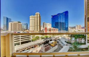 a view of a city skyline with tall buildings at Strip View Balcony Suites - No Resort Fee ! in Las Vegas