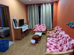 古晉的住宿－Home Sweet Home，客厅配有粉红色的沙发和电视