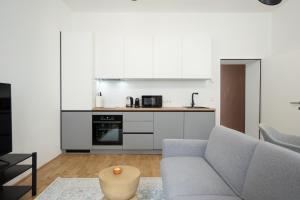 sala de estar con sofá y cocina en Modern apartment in a top location of Vienna en Viena
