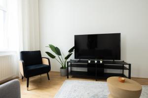 una sala de estar con TV de pantalla plana en un centro de entretenimiento negro en Modern apartment in a top location of Vienna en Viena