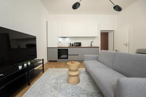 sala de estar con sofá gris y cocina en Modern apartment in a top location of Vienna en Viena
