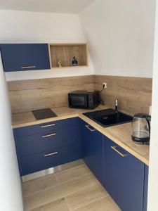 eine kleine Küche mit blauen Schränken und einem Waschbecken in der Unterkunft La Suite Saphir – spa privatif in Nancy