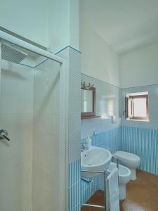 łazienka z umywalką, toaletą i prysznicem w obiekcie Agriturismo Piano di Andrea w mieście Ostigliano +35 zdjęć