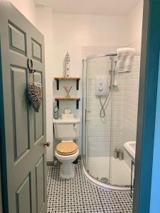 een badkamer met een douche, een toilet en een wastafel bij The Stables in Meikle Wartle