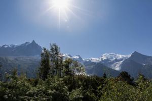 einen Blick auf die Berge mit der Sonne am Himmel in der Unterkunft Modern apartment with the best Mont Blanc view! in Chamonix-Mont-Blanc + 2 Fotos