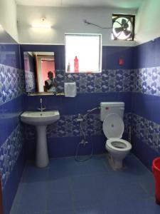 a blue bathroom with a toilet and a sink at Villotale Khadait SH in Badīyārgaon