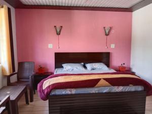 ein Schlafzimmer mit einem großen Bett mit einer rosa Wand in der Unterkunft Villotale Khadait SH in Badīyārgaon