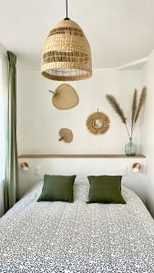1 dormitorio con 1 cama con 2 almohadas verdes en Chez Clément et Mathilde - Rdc Hyper centre tout équipé - avec extérieur, en Saint-Amand-les-Eaux
