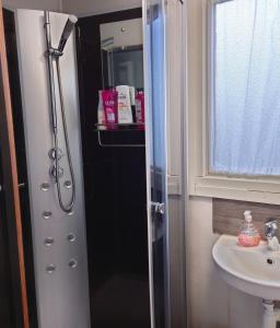 W łazience znajduje się prysznic i umywalka. w obiekcie Lyckans Lodge w mieście Dösjebro