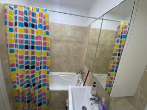 een kleine badkamer met een wastafel en een douche bij Relax Apartment Militari Residence Sector 6 in Roşu
