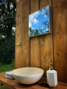 a television hanging on a wooden wall with a bowl sink at Glamping U hranic in Červená Voda