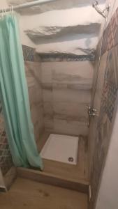 a shower with a shower curtain in a bathroom at Appartamento Vecchia Bottega in Orino