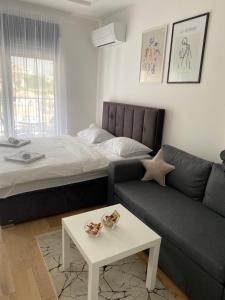 ein Wohnzimmer mit einem Sofa, einem Bett und einem Tisch in der Unterkunft Apartman PORTO in Trebinje