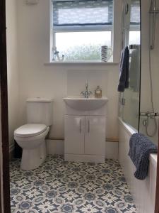 a bathroom with a sink and a toilet at West Cottage at Walnut Farm, Waxham, nr Sea Palling in Norwich