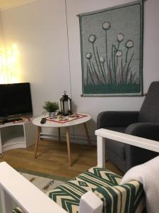 a living room with a couch and a table at Aurora Center 3 in Rovaniemi