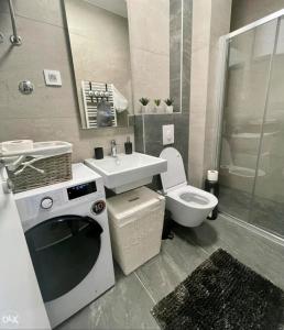 La salle de bains est pourvue d'un lavabo, de toilettes et d'une douche. dans l'établissement Apartment Royal, à Banja Luka