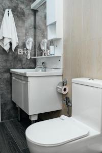 a bathroom with a white toilet and a sink at 3Gozel Aframe Villa Gabala in Gabala +56 photos