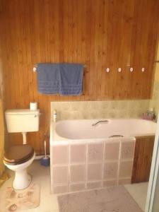 La salle de bains est pourvue d'une baignoire blanche et de toilettes. dans l'établissement Holope Self-Catering Accomm, à Prieska