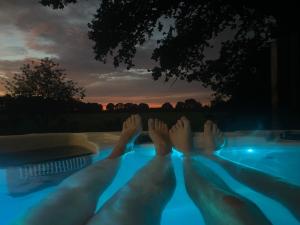 a person laying on the edge of a swimming pool at Wellnesslodge Merel jacuzzi sauna and privacy in Dalerveen