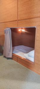 a bed in a wooden cabinet with its door open at Ace Inn Shinjuku in Tokyo