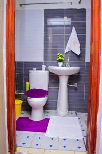 La salle de bains est pourvue de toilettes et d'un lavabo. dans l'établissement Bomani Penthouse, à Kisumu