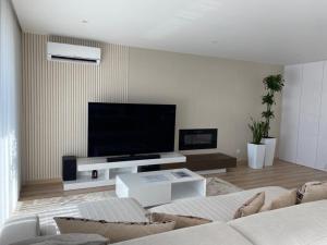 ein Wohnzimmer mit einem Sofa und einem Flachbild-TV in der Unterkunft Castelo View in Pombal