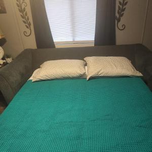 uma cama com lençóis verdes e duas almofadas em The Lion's Den em Jacksonville