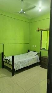 een groene slaapkamer met een bed en een spiegel bij Casa la flor de loto in Juchitán de Zaragoza