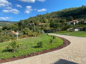 a winding road with a field of grass and trees at Quinta da Travessa in Cinfães