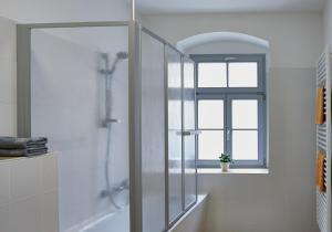 ein weißes Bad mit einer Dusche und einem Fenster in der Unterkunft Ferienwohnung Priessnitz in Dresden