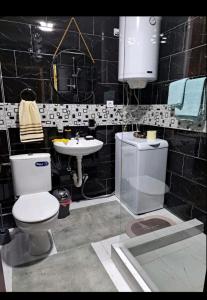 a black tiled bathroom with a toilet and a sink at Petra in Kolašin +16 photos