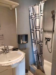 Baño con cortina de ducha junto a un lavabo en Chambres d'Hôtes Arnold en Dambach-la-Ville