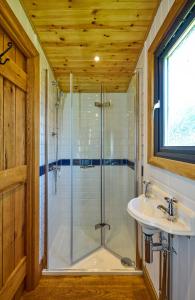 La salle de bains est pourvue d'une douche et d'un lavabo. dans l'établissement Abberley Shepherds Hut - Ockeridge Rural Retreats, à Wichenford