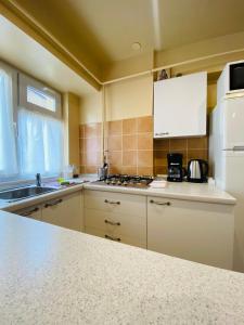 een keuken met een witte koelkast en een wastafel bij Apartament Luna in Piatra Neamţ