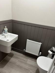 La salle de bains est pourvue d'un lavabo blanc et de toilettes. dans l'établissement Meadow View, à Alfreton