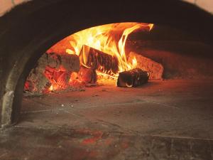 
a brick oven with a fire burning inside of it at Hotel Taormina Brussels Airport in Zaventem
