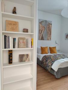 una camera da letto con una libreria accanto a un letto di Loft, atelier artiste Montmartre a Parigi