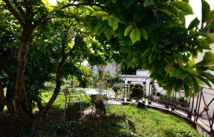 un jardín con mesa y sillas bajo un árbol en Hotel de la muraille de sens, en Sens