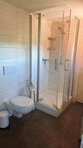 ein Bad mit einem WC und einer Dusche in der Unterkunft Ferienwohnungen Hexenstieg & Wurmbergblick in Schierke
