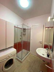 y baño con ducha, lavabo y lavadora. en Amethyst Apartment, en Artena