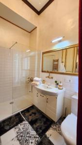 a bathroom with a sink and a shower and a toilet at NF Palace Old City Bucharest in Bucharest