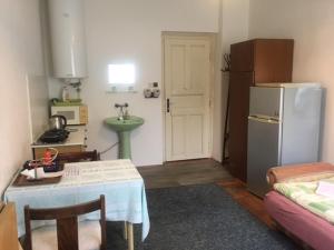 a kitchen with a table and a sink and a refrigerator at Apartment Trojska in Prague
