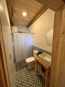 a bathroom with a toilet and a sink at Cabaña Los Ceibos. in Villa Serrana