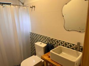 a bathroom with a toilet and a sink and a mirror at Cabaña Los Ceibos. in Villa Serrana