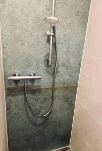 a shower in a bathroom with a hose on the wall at HALBSTÜCK - Ferienwohnungen am Kropsbachpark in Sankt Martin